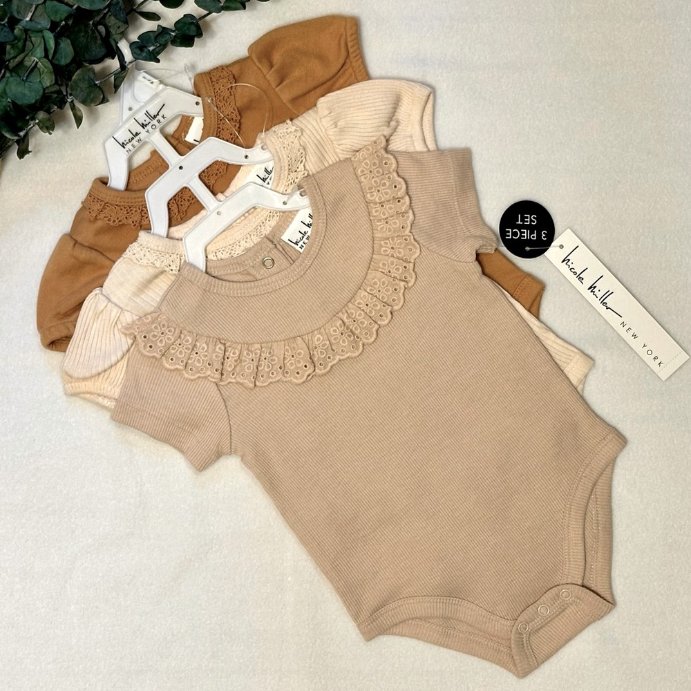 NWT Nicole Miller 3 Pack Baby Girl Lace Trim Bodysuits size 3/6M